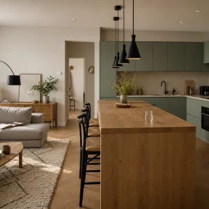 Cuisine ouverte sur salon avec îlot central en chêne, façades vert sauge et tapis berbère ancrant le coin salon