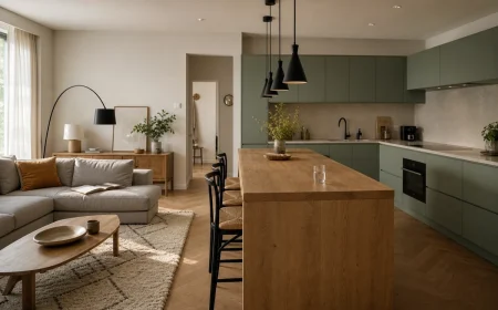 Cuisine ouverte sur salon avec îlot central en chêne, façades vert sauge et tapis berbère ancrant le coin salon