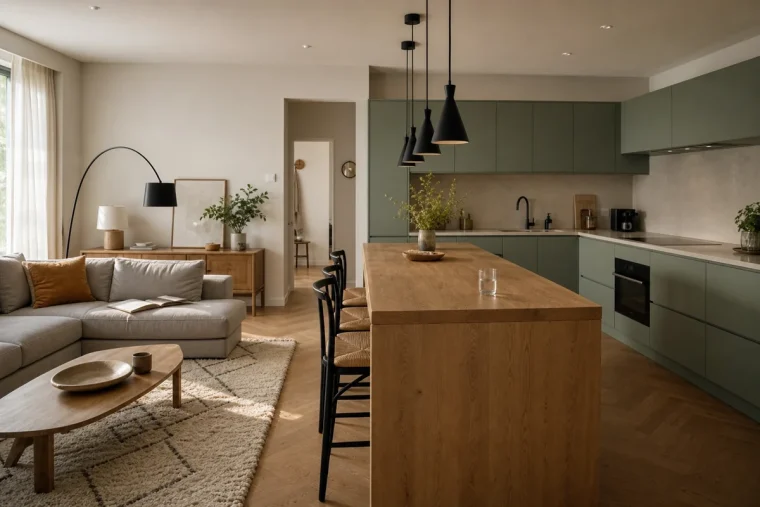 Cuisine ouverte sur salon avec îlot central en chêne, façades vert sauge et tapis berbère ancrant le coin salon