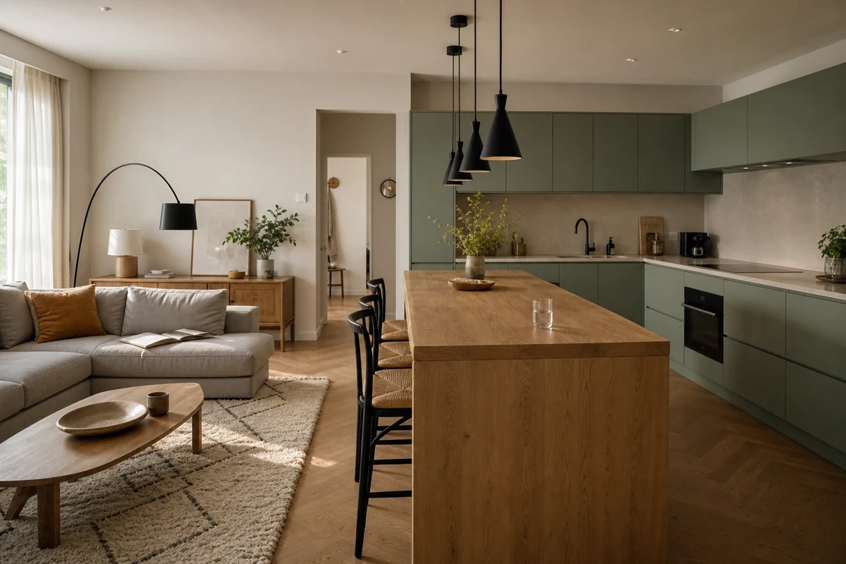 Cuisine ouverte sur salon avec îlot central en chêne, façades vert sauge et tapis berbère ancrant le coin salon