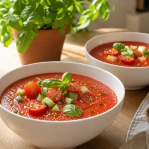 Deux bols de gaspacho maison aux tomates cerises et basilic, garnis de dés de concombre et d'huile d'olive