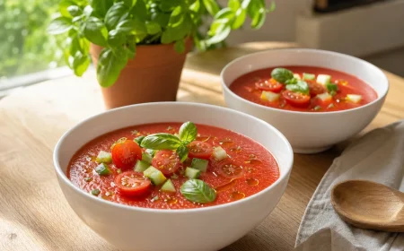 Deux bols de gaspacho maison aux tomates cerises et basilic, garnis de dés de concombre et d'huile d'olive