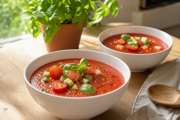 Deux bols de gaspacho maison aux tomates cerises et basilic, garnis de dés de concombre et d'huile d'olive