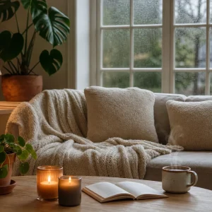 Salon cocooning un jour de pluie avec plaids écrus, bougies et lampe à lumière chaude
