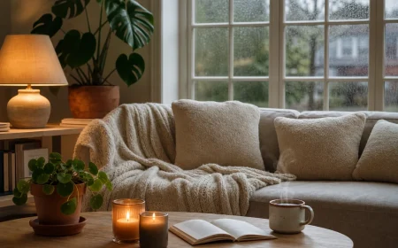 Salon cocooning un jour de pluie avec plaids écrus, bougies et lampe à lumière chaude