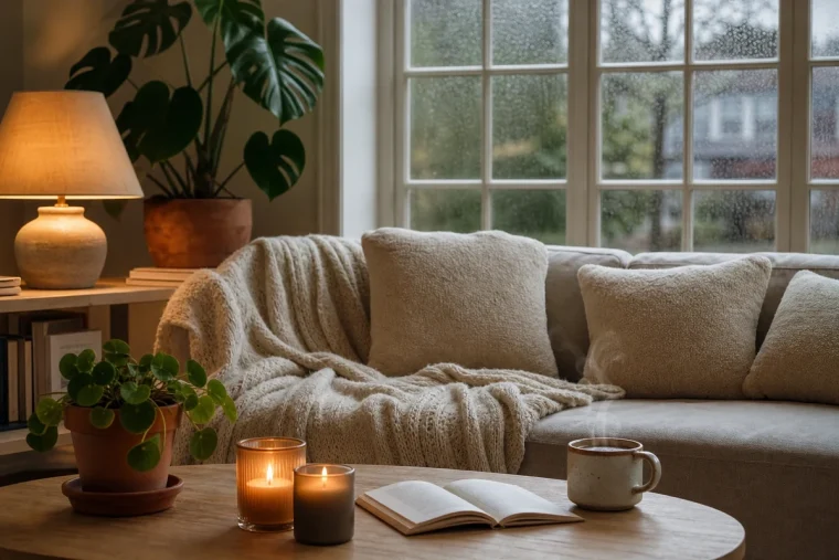 Salon cocooning un jour de pluie avec plaids écrus, bougies et lampe à lumière chaude
