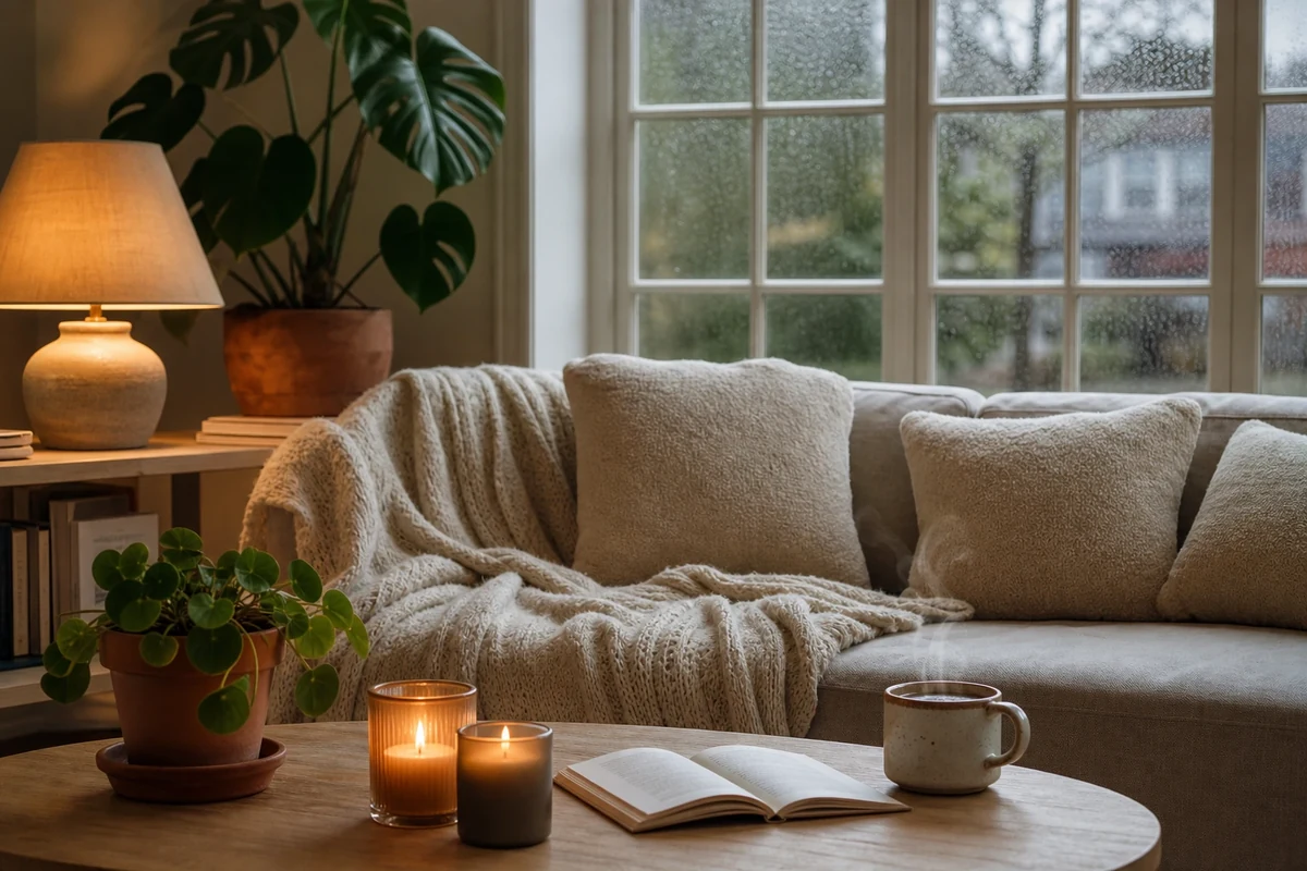 Salon cocooning un jour de pluie avec plaids écrus, bougies et lampe à lumière chaude