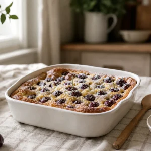 Clafoutis aux cerises traditionnel doré dans son plat à gratin avec cerises noires entières
