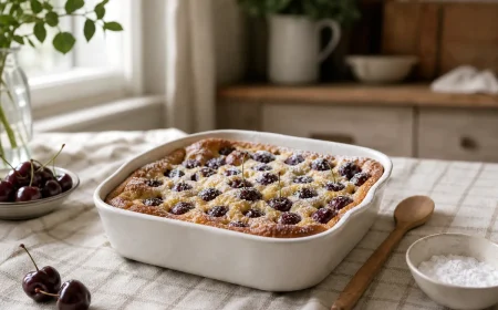 Clafoutis aux cerises traditionnel doré dans son plat à gratin avec cerises noires entières