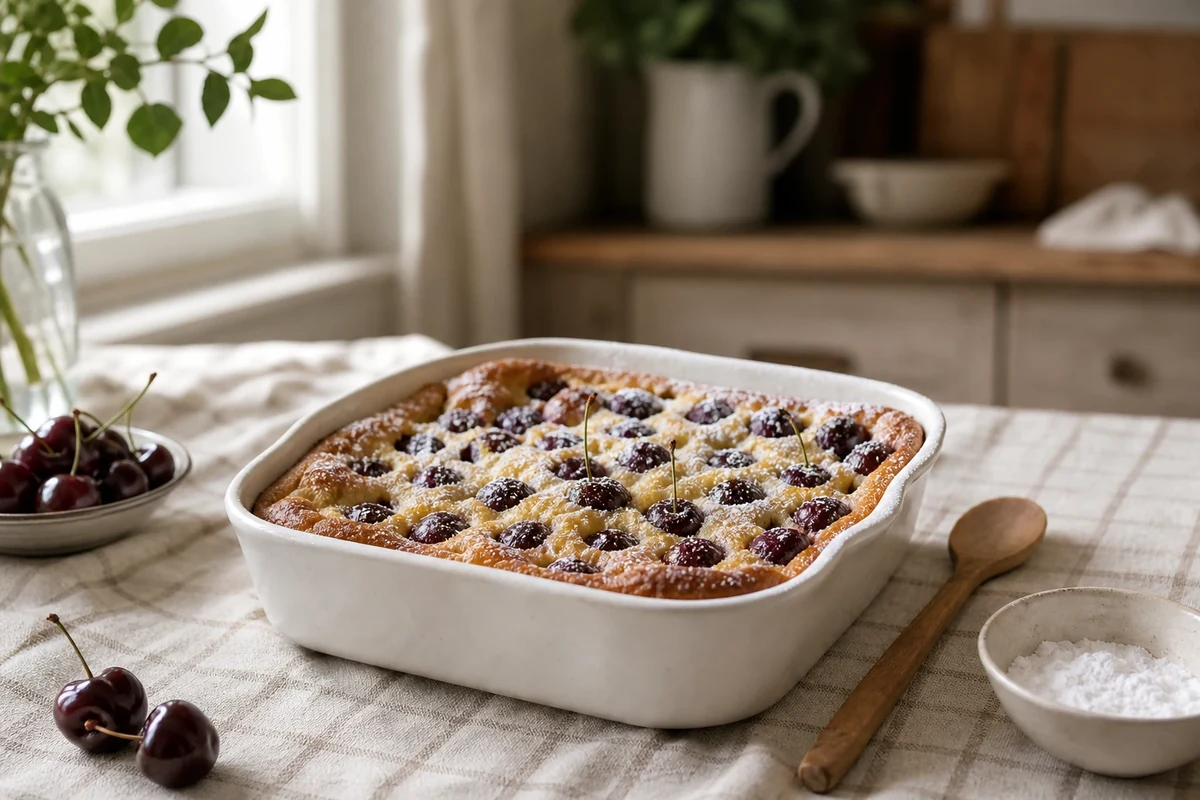 Clafoutis aux cerises traditionnel doré dans son plat à gratin avec cerises noires entières