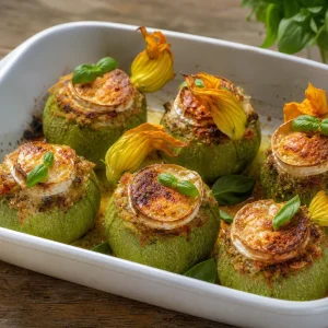 Plat de courgettes rondes farcies au chèvre frais et basilic sortant du four, gratiné doré