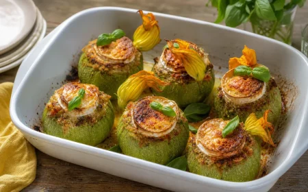 Plat de courgettes rondes farcies au chèvre frais et basilic sortant du four, gratiné doré