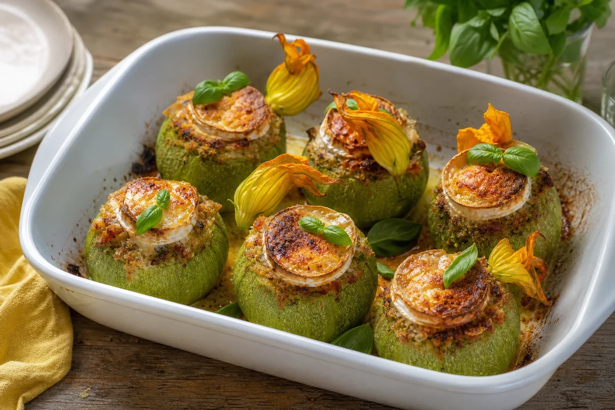 Plat de courgettes rondes farcies au chèvre frais et basilic sortant du four, gratiné doré