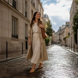 Femme en trench beige et robe fluide blanche sur pavés humides parisiens, transition pluie-soleil