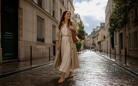 Femme en trench beige et robe fluide blanche sur pavés humides parisiens, transition pluie-soleil