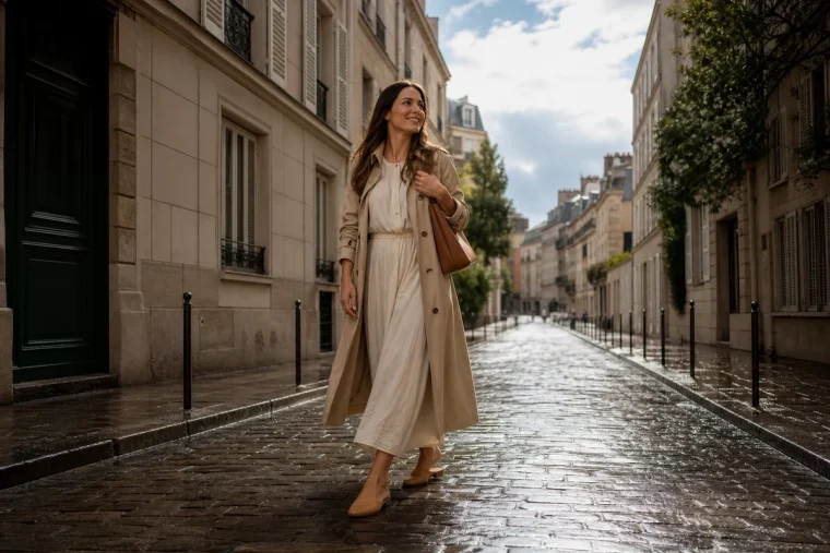 Femme en trench beige et robe fluide blanche sur pavés humides parisiens, transition pluie-soleil