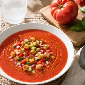 Bol de gaspacho maison aux tomates et concombre garni de brunoise de légumes et croûtons