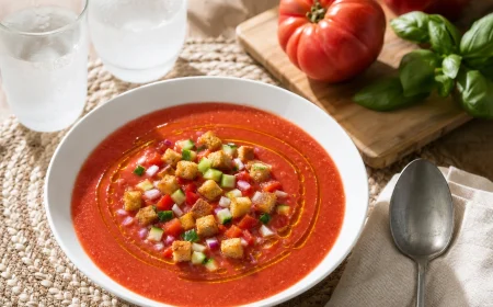 Bol de gaspacho maison aux tomates et concombre garni de brunoise de légumes et croûtons