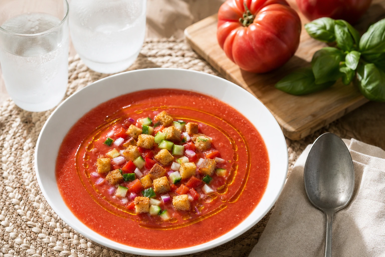 Bol de gaspacho maison aux tomates et concombre garni de brunoise de légumes et croûtons