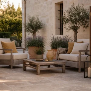 Terrasse aménagée en 2026 avec sol en travertin, mobilier teck et jardinières terre cuite
