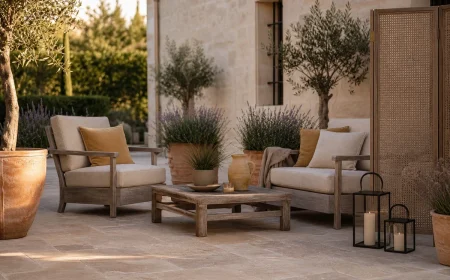 Terrasse aménagée en 2026 avec sol en travertin, mobilier teck et jardinières terre cuite