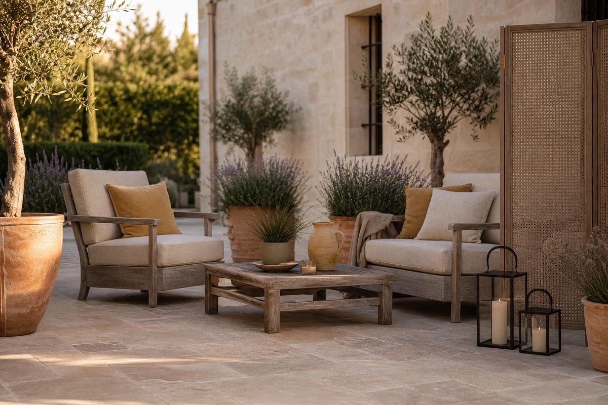 Terrasse aménagée en 2026 avec sol en travertin, mobilier teck et jardinières terre cuite