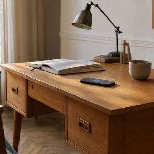 Bureau vintage en bois avec smartphone en charge sans fil sur le plateau, sans aucun câble visible
