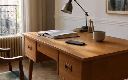 Bureau vintage en bois avec smartphone en charge sans fil sur le plateau, sans aucun câble visible