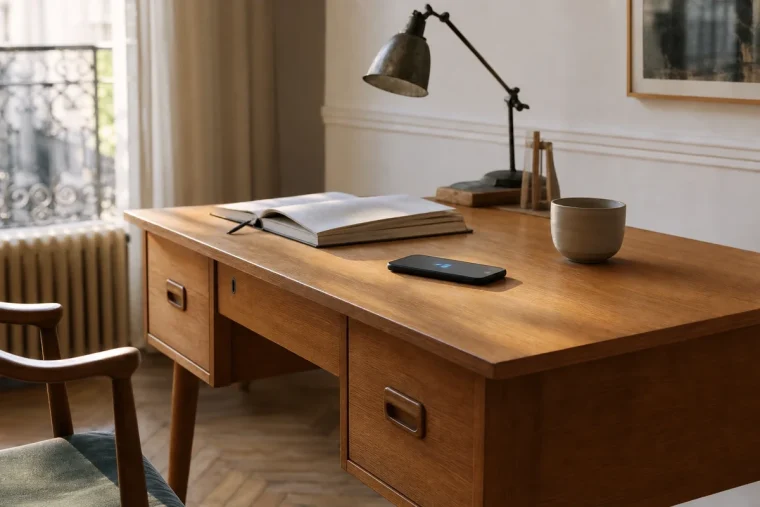 Bureau vintage en bois avec smartphone en charge sans fil sur le plateau, sans aucun câble visible