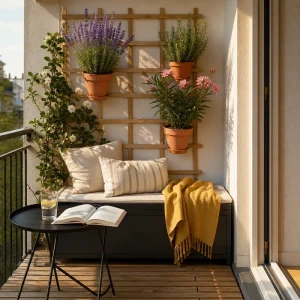 Petit balcon parisien aménagé en salon d'été avec caillebotis bois, banc-coffre, plantes méditerranéennes et continuité visuelle avec le salon