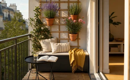 Petit balcon parisien aménagé en salon d'été avec caillebotis bois, banc-coffre, plantes méditerranéennes et continuité visuelle avec le salon