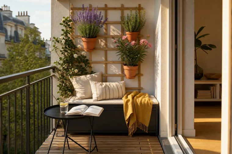 Petit balcon parisien aménagé en salon d'été avec caillebotis bois, banc-coffre, plantes méditerranéennes et continuité visuelle avec le salon