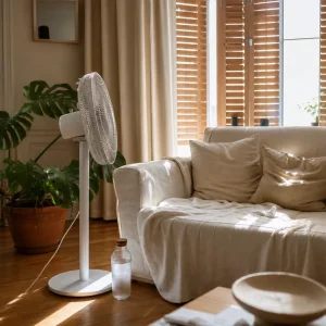 Salon français rafraîchi grâce aux volets fermés, rideaux clairs et ventilateur avec bouteille gelée