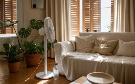 Salon français rafraîchi grâce aux volets fermés, rideaux clairs et ventilateur avec bouteille gelée