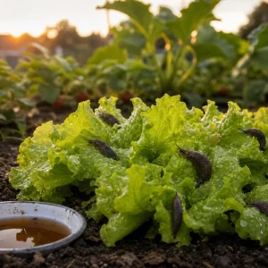 Limaces grises sur jeunes feuilles de salade après la pluie, piège à bière dans un potager au crépuscule