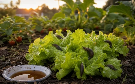 Limaces grises sur jeunes feuilles de salade après la pluie, piège à bière dans un potager au crépuscule