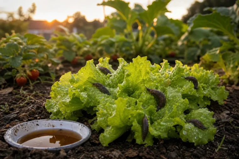 Limaces grises sur jeunes feuilles de salade après la pluie, piège à bière dans un potager au crépuscule