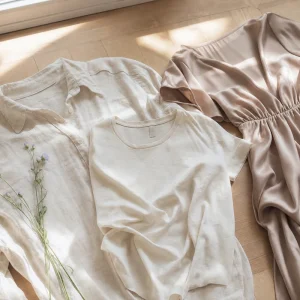 Comparatif de trois matières naturelles pour l'été : lin écru, coton bio et robe en tencel sur parquet clair