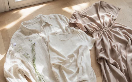 Comparatif de trois matières naturelles pour l'été : lin écru, coton bio et robe en tencel sur parquet clair