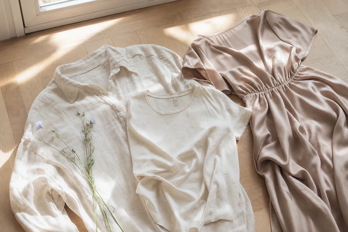 Comparatif de trois matières naturelles pour l'été : lin écru, coton bio et robe en tencel sur parquet clair