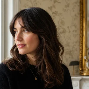 Femme aux cheveux mi-longs portant une frange U Bang en arc doux, lumière naturelle