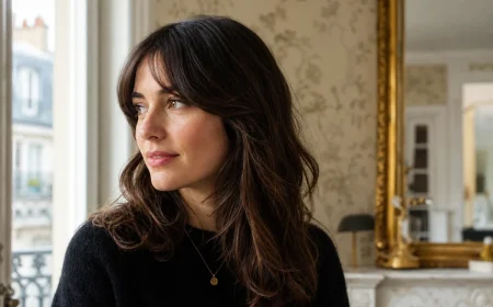 Femme aux cheveux mi-longs portant une frange U Bang en arc doux, lumière naturelle