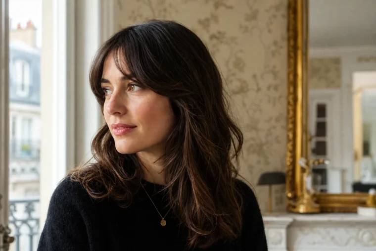 Femme aux cheveux mi-longs portant une frange U Bang en arc doux, lumière naturelle