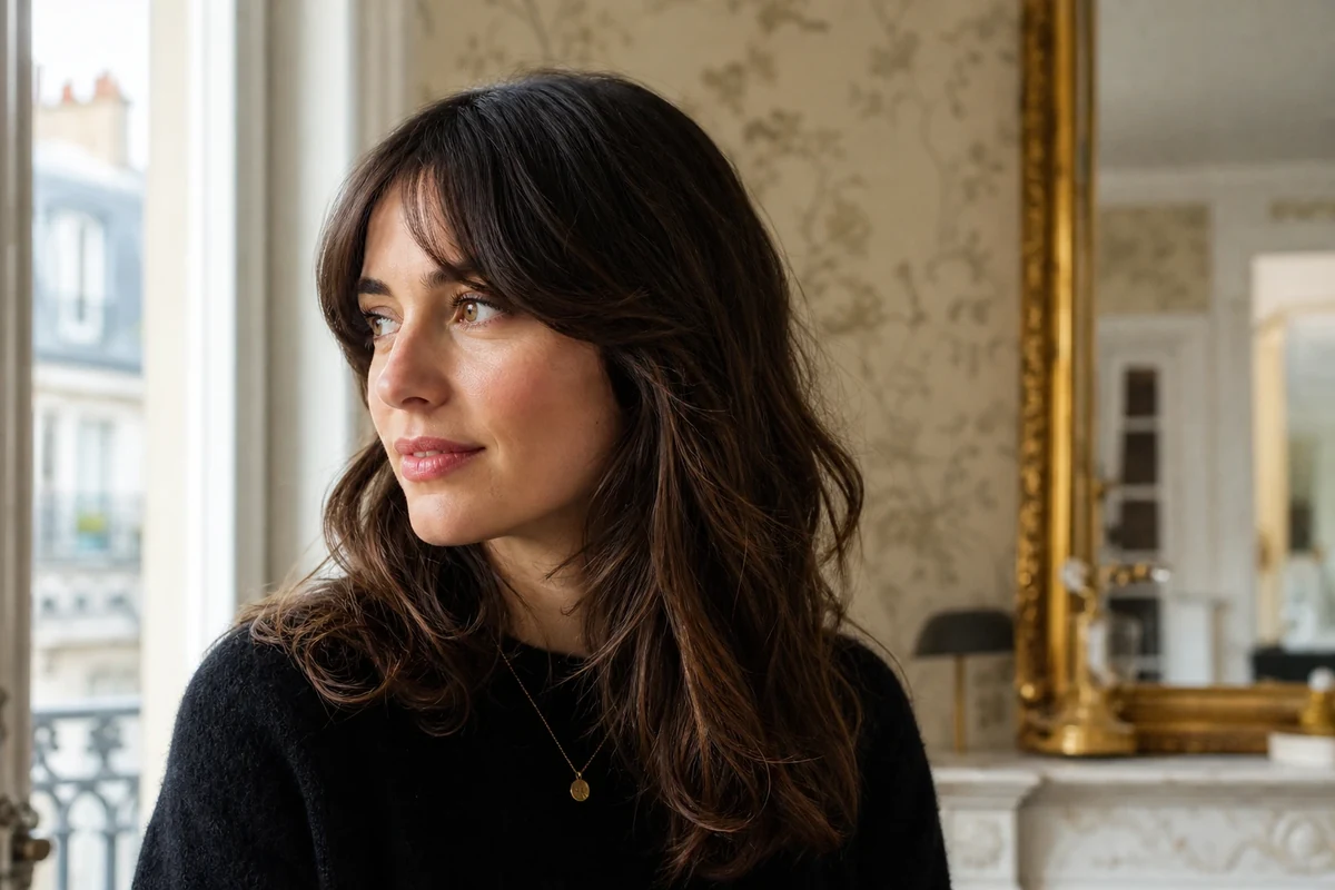 Femme aux cheveux mi-longs portant une frange U Bang en arc doux, lumière naturelle