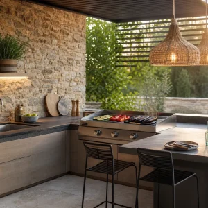 Cuisine extérieure en L avec plan de travail en grès cérame et plancha inox sur terrasse française