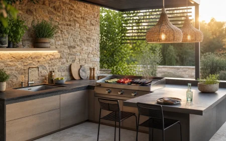 Cuisine extérieure en L avec plan de travail en grès cérame et plancha inox sur terrasse française