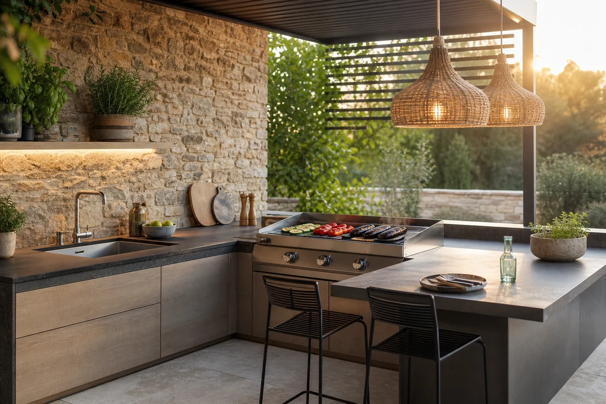 Cuisine extérieure en L avec plan de travail en grès cérame et plancha inox sur terrasse française