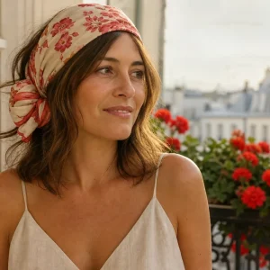 Femme aux cheveux châtains mi-longs portant un carré de soie noué en bandeau Bardot sur une terrasse fleurie