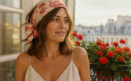 Femme aux cheveux châtains mi-longs portant un carré de soie noué en bandeau Bardot sur une terrasse fleurie