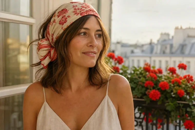Femme aux cheveux châtains mi-longs portant un carré de soie noué en bandeau Bardot sur une terrasse fleurie